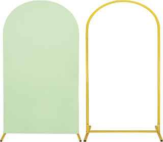 Metal Arch Stand and Cover Set,1 Sage Green Spandex Fitted Backdrop with 1 Gold Wedding Arched Stand Frame for Parties Birthday Baby Shower Bridal Banquet Decoration (7.2FT)