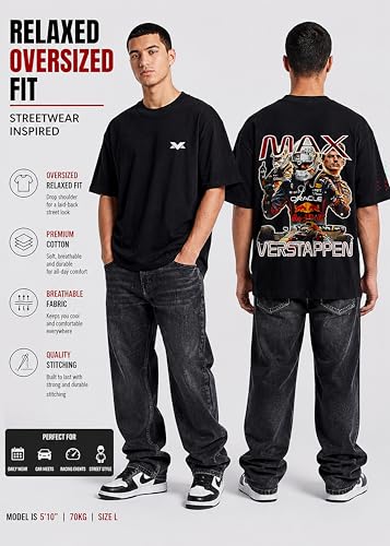 Image of Men's Cotton Oversized T-Shirt - Relaxed Fit Half Sleeve F1 Graphic Print Tee for Streetwear & Casual Outings - Black