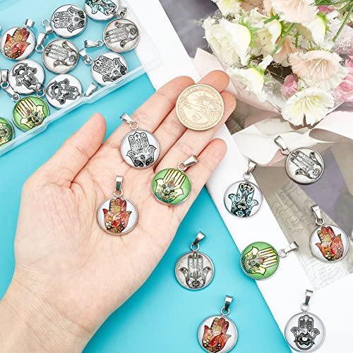 Dicosmetic 24Pcs 6 Colors Stainless Steel Glass Hamsa Hand Pendants Flat Round Beads Charms For Women Diy Necklace Bracelet Earring Hair Ornaments Jewelry Making #TOP1