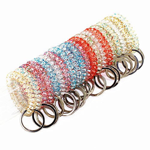 20 Packs Mix Color Plastic Coil Stretch Wristband Elastic Stretchable Spiral Bracelet Key Ring/Key Chain/Key Hook/Key Holder for Gym, Pool, ID Badge and Outdoor Sports (Transparent)