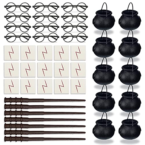 Wizard Party Favors for 12 - Includes Cauldron, Glasses, and Lightning Scar Tattoos, Wizard Wands - Perfect for a Wizard School Theme Birthday Party (12 of each)
