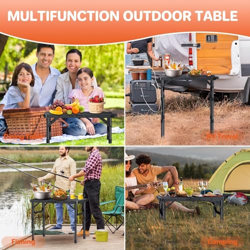 FUNYKICH Mesa de Camping Plegable Pequeña 2ft (22.8" Lx15.7" W), Mesa de Picnic Portátil con 3 Alturas Ajustables, Ligera de Aluminio para Exterior, con Asa, Negra miniatura 6