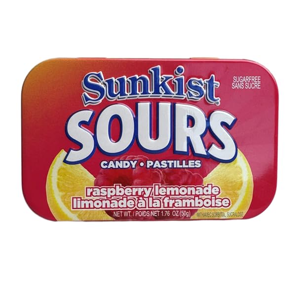 Sunkist Sours Raspberry Lemonade Candy | Sugar Free, Natural Fruit Flavor, 100% of Daily Vitamin C | Kosher Certified, Vegan, Gluten Free | Aspartame & Xylitol Free | 50 Count Tin (Pack of 6)