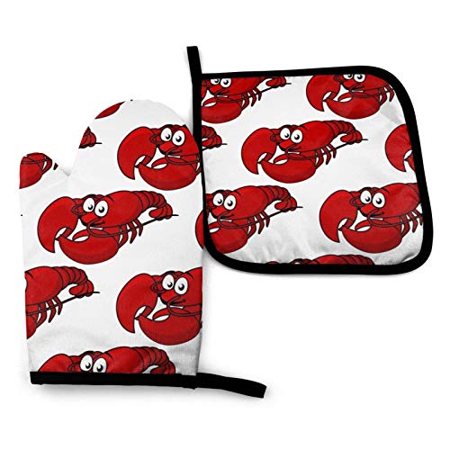 Red Lobster Print Kitchen Oven Mitts and Pot Holders Sets of 2Resistant Hot Pads with Polyester Non-Slip BBQ Gloves for KitchenCookingBakingGrilling