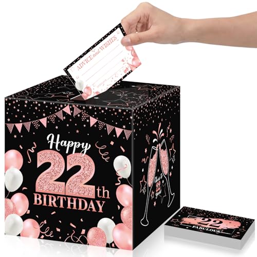Image of Funrous 22nd Birthday Party Message Card Box Cheers to 22 Years Black Rose Gold Advice and Wishes Greeting Card Box for Men Women Birthday Decorations Party Supplies Anniversary Tables Sign Decor