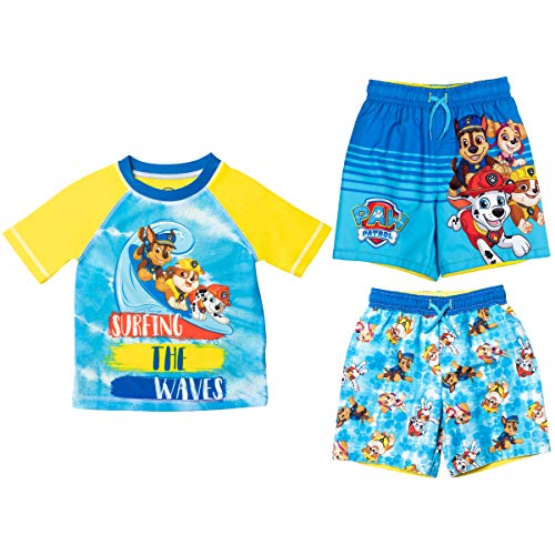 Paw Patrol Chase Marshall Rubble Toddler Boys Rash Guard Swim Trunks Set Yellow/Blue 4T