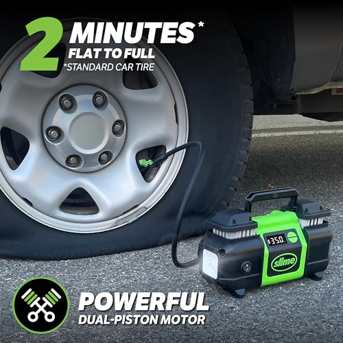 Image of Slime 40083 Tire Inflator, Super Duty Pro Power, Battery Connection, Dual Piston, with Digital 0-99 psi Gauge, Long Hose and LED Light, Alligator Clips, 2 min Inflation