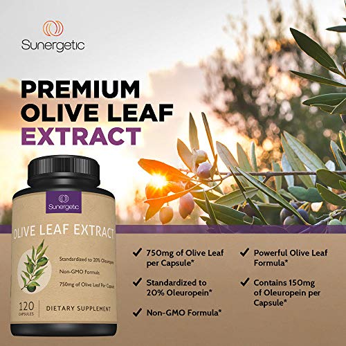 Image of Premium Olive Leaf Extract Capsules - Standardized To 20% Oleuropein - Super Strength Olive Leaf Exact Supplement Supports Immune System & Cardiovascular Health - 750mg Per Capsule - 120 Capsules