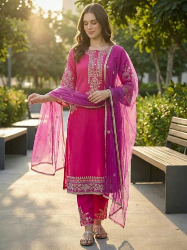 Image of INDO ERA Women's Silk Blend Embroidered Straight Kurta Pant with Dupatta