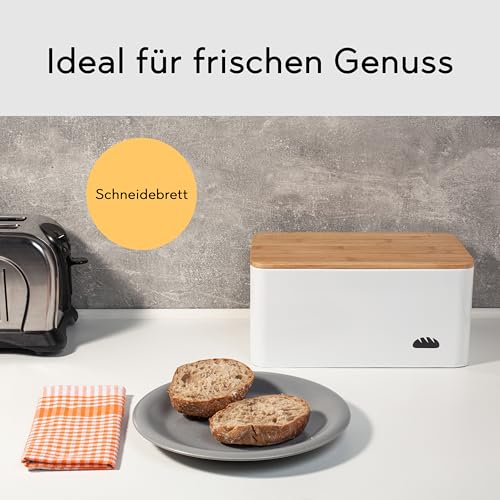 Foto von Hanseküche Brotkasten mit Bambus Schneidebrett - Brotbox aus Metall mit viel Platz und Holzdeckel - Brotbehälter, Brotdose (L) - 33 x 21 x 15cm