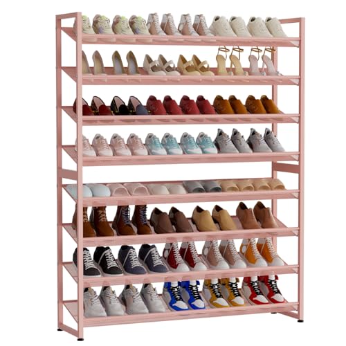 Image of Large Shoe Rack 8 Tier Shoe Organizer, Heavy Duty Metal 4-Tier Stackable Shoe Storage Vertical Shoe Rack for Closet Front Door Entrance, Up to 50 Pairs, 44.8 inch W x 11.4 inch D x 56.7 inch H, Pink
