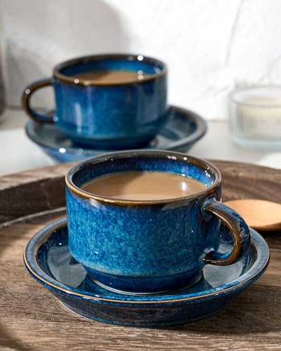 HOME DECOR Espresso Cups Collection - Reactive Glaze Technique - 6 x 147.8 ml Coffee Cups with Saucer & Stand - Stylish Ceramic Cups for Espresso and Latte - Reactive Glaze Blue - Image 4