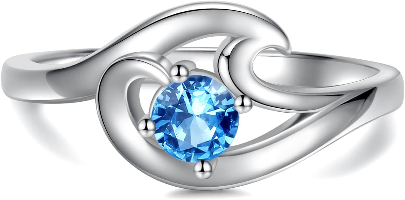 925 Sterling Silver Wave Ring with Blue Cubic Zirconia Ocean Sea Beach Jewelry for Women