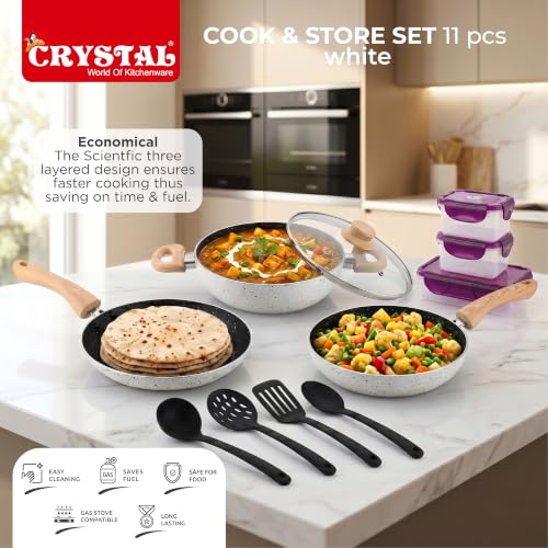 Image of Crystal Aluminum 11 Pcs Non Stick Cookware Set with Induction Bottom | Tawa, Fry Pan, Kadhai with Lid, 4 Serving Spoons, 3 Containers | 4 Layer Non Stick Coating | PFOA Free | White