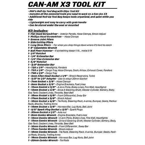 Image of PRP UTV Tool Kit for Can-Am X3, Sport, Trail, Commander | Includes 35 Essential Tools for UTV + Roll-Up Storage Bag with Easy-Grab Handle, Mounts to Vehicle