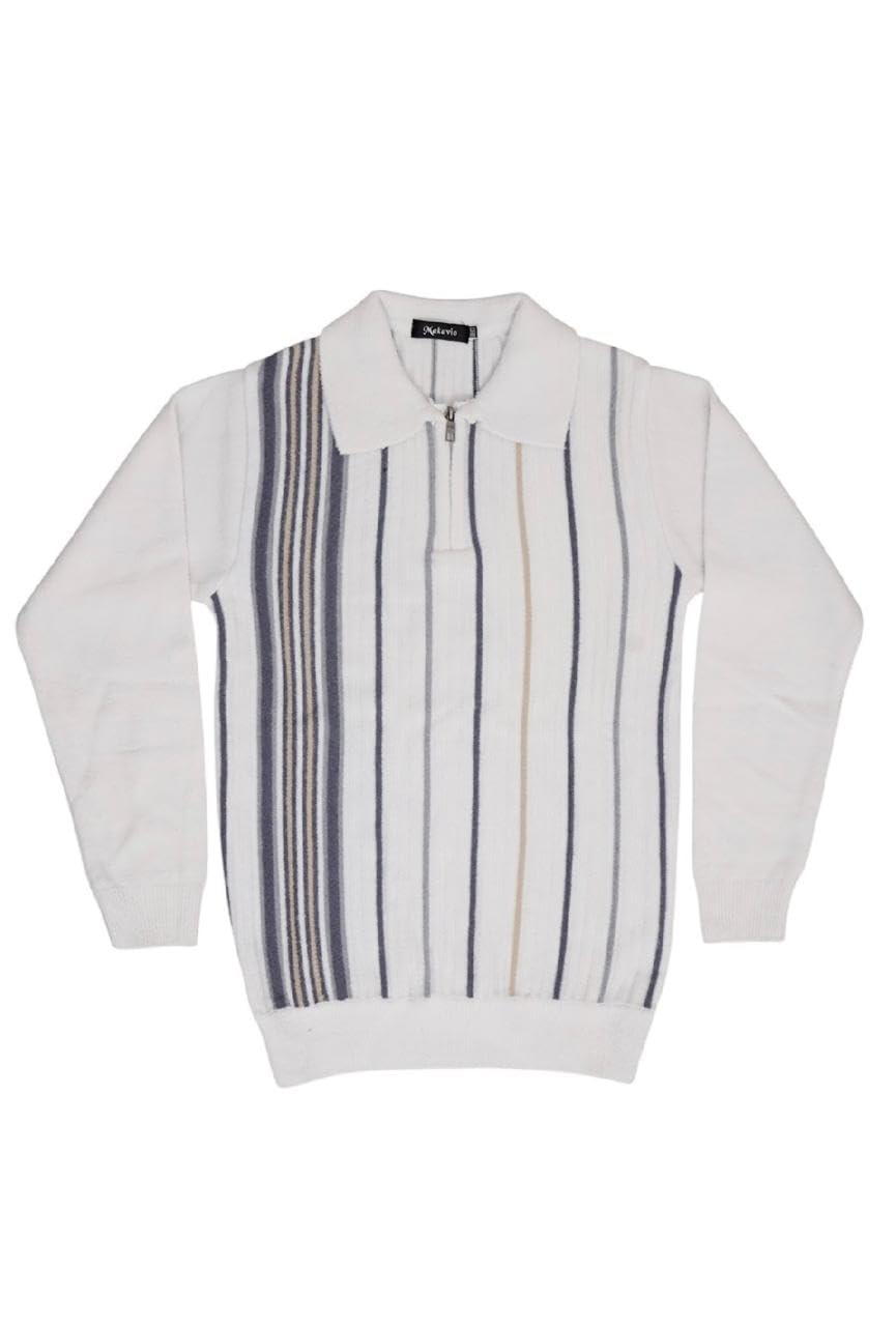 Makavio Men's Striped Quarter-Zip Pullover Sweater, Polo Collar, Long Sleeve, Winter Knitwear White, Black-picture-37