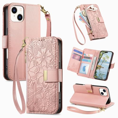 Étui Oppo A80 5G en cuir or rose avec rabat portefeuille et poche zip