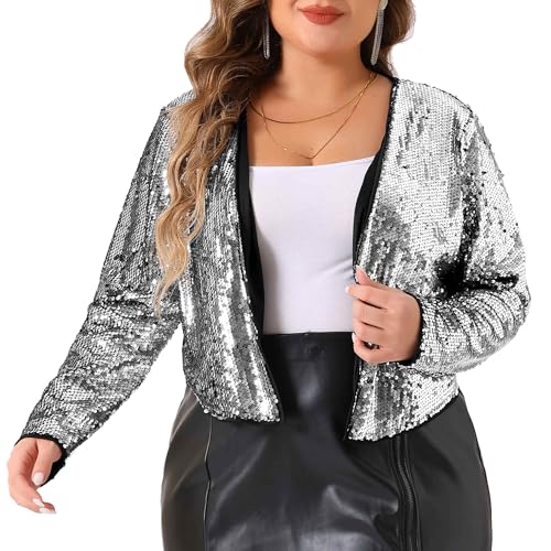 Agnes Orinda Plus Size Sequin Cardigan for Women Glitter Shinny Metallic Long Sleeve Shrug Bolero Cardigans Jackets