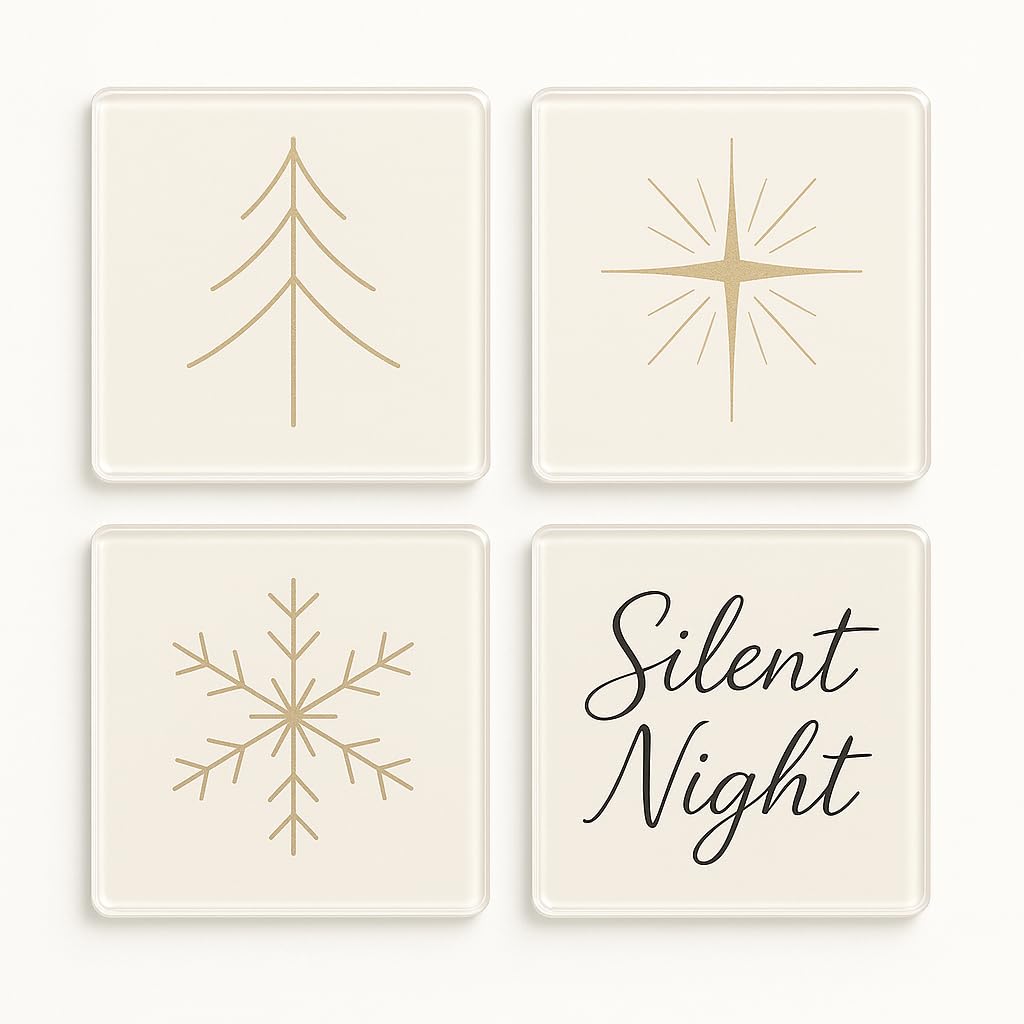 The Plum Penguin Silent Elegance Acrylic Christmas Coaster Gift Set Of 4 With Silent Night Design - Elegant Christmas Decor For Festive Home Gatherings