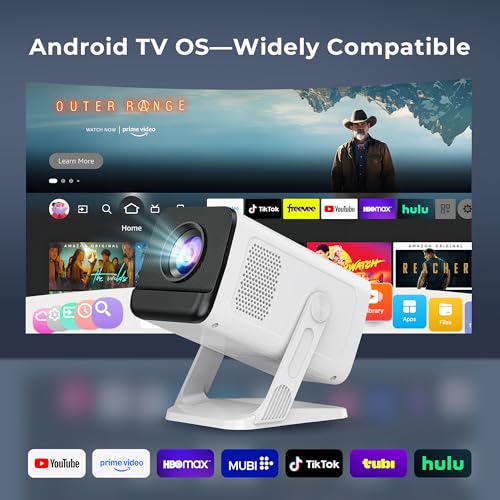 Image of Mini Projector with WiFi 6 and Bluetooth 5.4 Built-in Apps for Bedroom Portable Projector Android 14 Smart Auto Keystone 1080P 4K Support Compatible with iOS/HDMI/TV Stick VisualCube 300 White