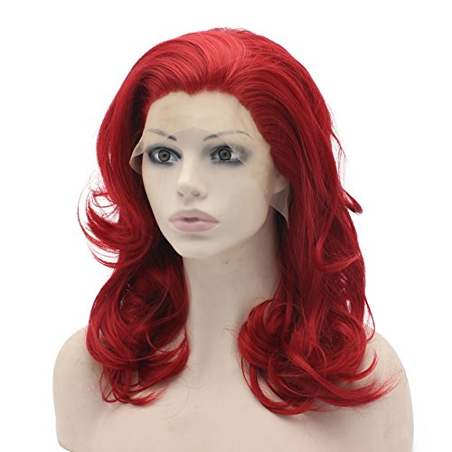 Miniatura 3 de Mxangel Peluca de cabello sintético rojo ondulado medio largo con encaje frontal para cosplay