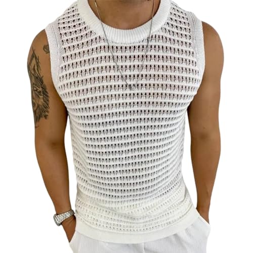 BAIMORE Men's Casual Solid Sleeveless Round Neck Hollow Out Knit Vest Slim Muscle Tank Top - Main Image