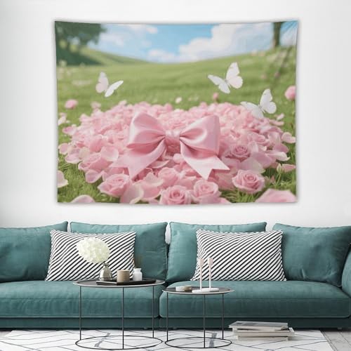 Tapisserie murale bohème nœud rose maccbn grande taille avec kit suspension