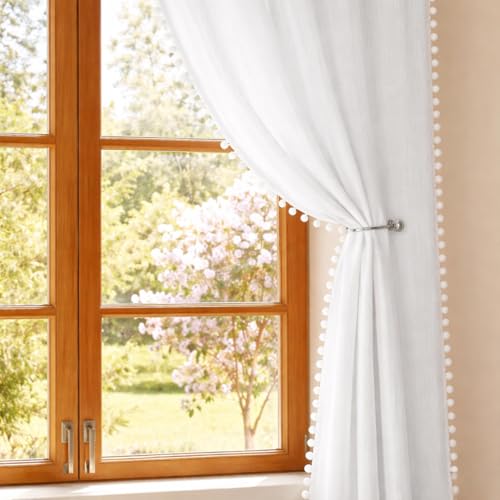 HOMEMONDE Cotton Sheer Solid CurtainsCustomize Feet Sun Light Filtering Solid Curtain with Rod Pocket, Both Sides Pompoms - (Pack of 2 - White)