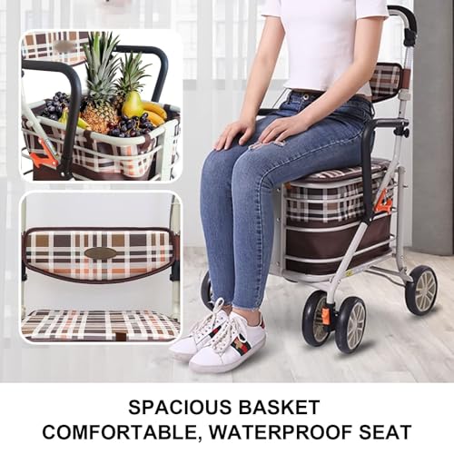 Andador plegable con asiento y cesta de almacenamiento, altura ajustable para personas mayores, soporta hasta 220 libras, ideal para asistencia de movilidad