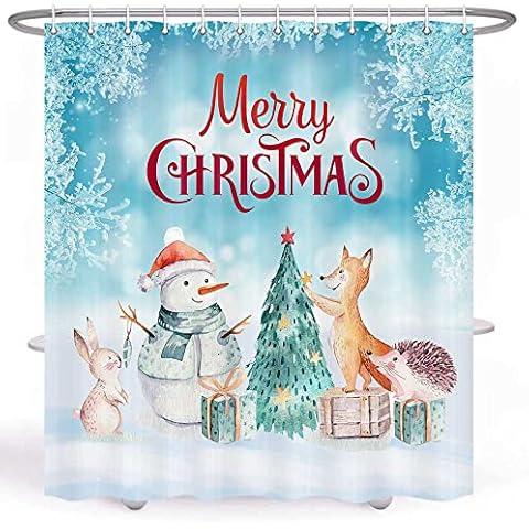 Christmas Shower Curtain for Kids, Winter Snowman Funny Cartoon Animal Shower Curtain Xmas Snow Snowflake Bath Curtain, Christmas Tree Winter Holiday Fabric Bathroom Decoration with Hooks 72x72IN Cover
