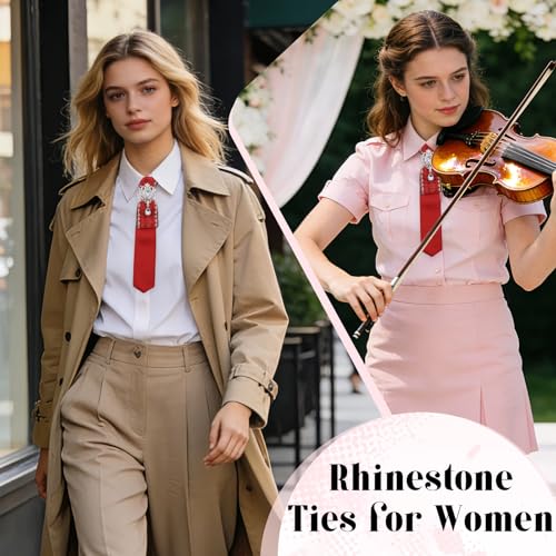 Image of Rhinestone Ties for Women, Skinny Neck Tie for Women Business Prom | Polyester Womens Tie, Tweed Splice Design, Rhinestone Ornament, Adjustable Strap, Elegant Retro Look, for Banquet Party Date
