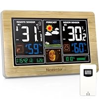 Newentor Wetterstation Funk mit Außensensor - Funkwetterstation mit Wettervorhersage, Temperaturwarnung, DCF Funkuhr - Batteriebetrieb und Netzbetrieb, Holzfarbe, 1 Außensensoren – Ansicht 1