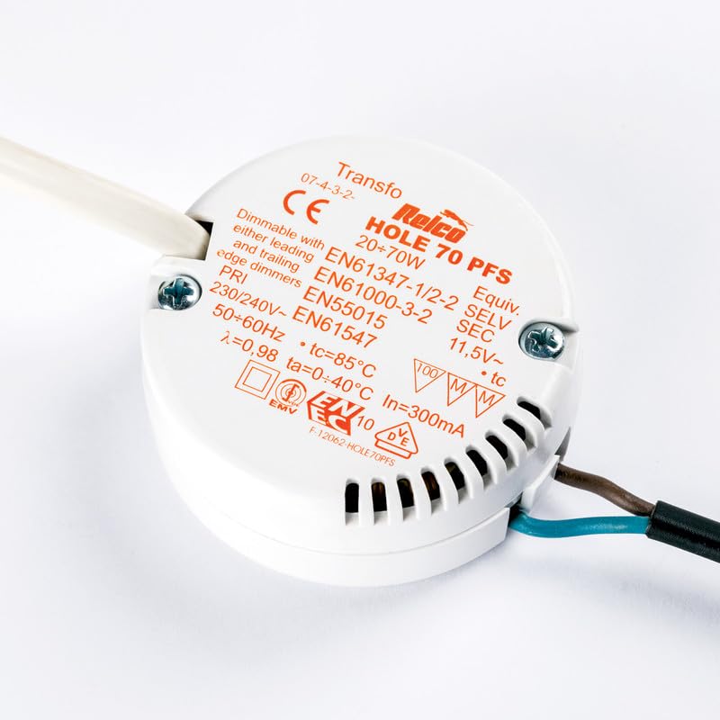 Relco Hole - Transformador electrónico (70PFS, 20-70 W, 12 V, regulable, redondo), color blanco