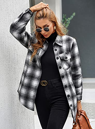 Grapent Women's Casual Oversized Boyfriend Plaid Button Down Long Sleeve Shirt Quilted Lined Shacket Jacket Coat Outerwear Black Color Size Large… #TOP1