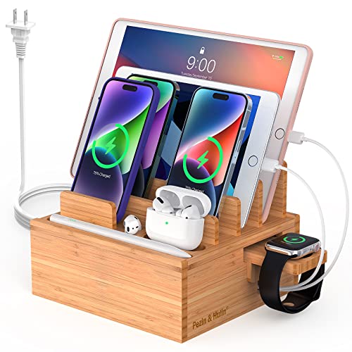 Bamboo Charging Station for Multiple Devices with 5 Port USB Charger, 6 Charger Cables and Smart Watch Stand. Wood Desktop Dock Stations Electronic Organizer for Cell Phone, Tablet, Watch, Office