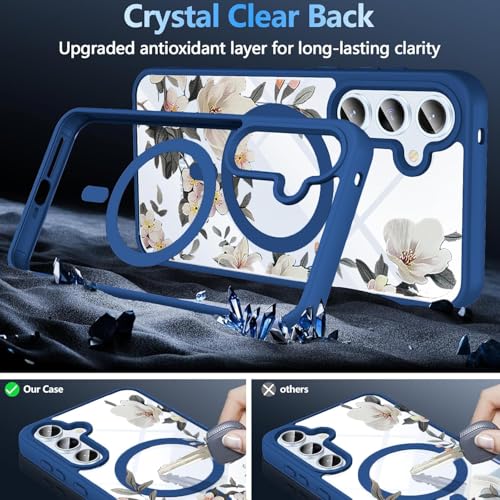 Image of VONZEE Compatible with Samsung Galaxy S25 FE 5G Case Luxury Retro Flowers Floral Clear for Magnetic Wireless Charging Case Shockproof PC+TPU Cute Glossy Shiny Cover for Girls Women, Blue