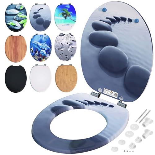 CASARIA® Pebbles Design Double Soft-Close Toilet Seat | MDF Wood Core | Hygienic Stainless Steel Hinges | 175kg Capacity Wooden Bathroom Standard D Shape Slow Top Lid Toilet Seats