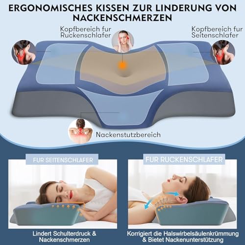 Hypuno Nackenstützkissen gegen Nackenschmerzen, orthopädisches Kopfkissen, ergonomisches Memory Foam Nackenkissen mit 2 Höhen, Hohlraum & kühlendem Bezug, für Seiten- und Rückenschläfer - Dunkelblau