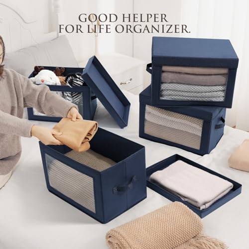 Image of Homsorout Foldable Storage Boxes with Clear Window - Clothes Organizers and Storage, Decorative Bins with Lid, Fabric Storage Cube, Storage Baskets for shelves, Yarn, Home, Navy blue, 3 Pack