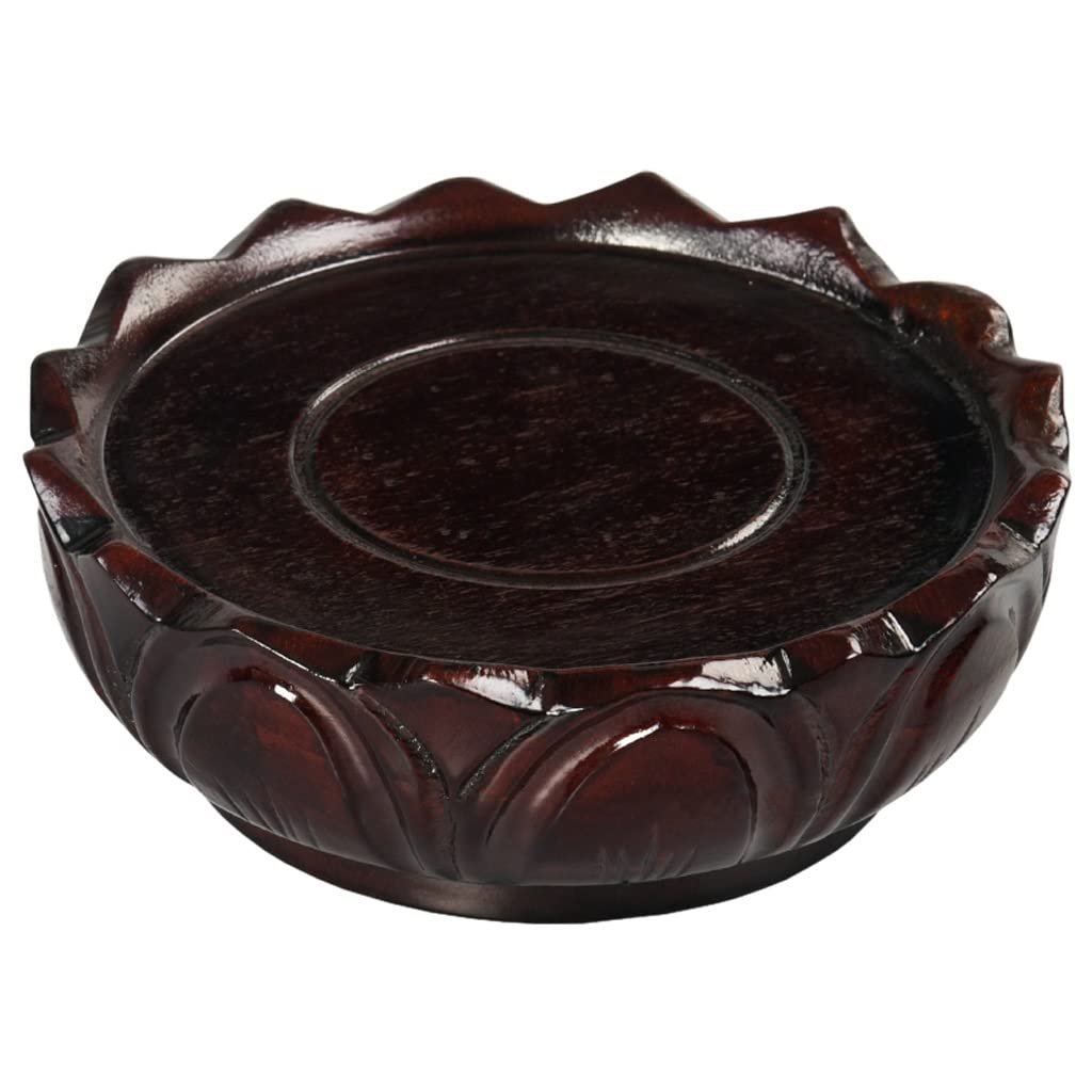 TEESONG Bonsai Pedestal Bonsai Display Base Round Wood Carving Handicraft Guanyin Lotus Strange Stone Vase Ornament for Home Office Decoration Vase Pedestal Display Stands(16cm)