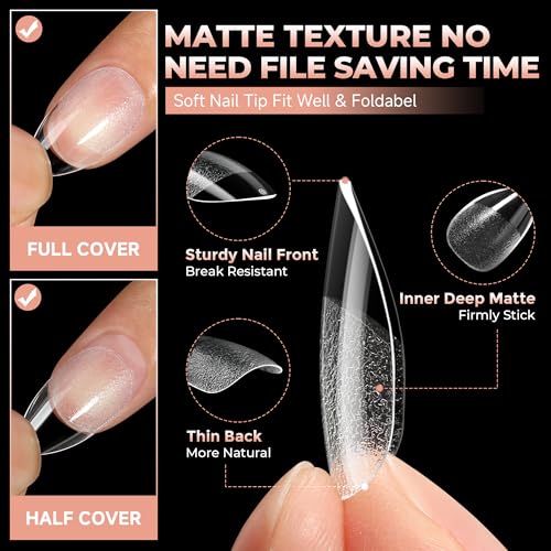 Image of UNA GELLA Short Almond Gel Nail Tips Half Matte Full Cover 120pcs | Almond Shape Nail Tips, Soft Gel, Strong, Long Lasting, Clear Acrylic False Nails, DIY Nail Art Salon, 12 Sizes for Women