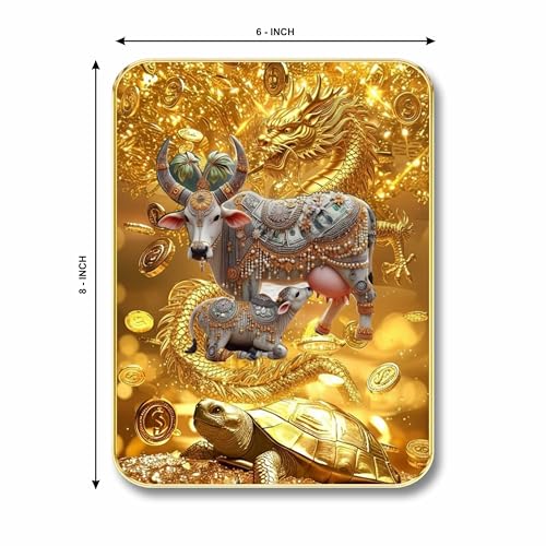 Image of SAF Kamdhenu Cow Wall Art with Table Top Stand & Wall Hanging Hole | Vastu Kamdhenu MDF Religious Painting for Wealth Prosperity Home Mandir Decor