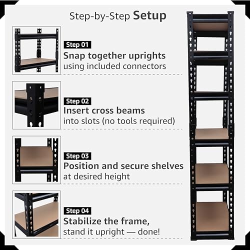Image of BonKaso Adjustable 6-Shelf Metal Storage Rack | Heavy-Duty Steel Boltless Rivet Utility Shelving Unit for Garage, Kitchen & Office | 62 Inches Height (62 x 24 x 12 in) - Black