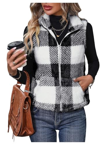 SOLY HUX Women's Plaid Fuzzy Vest Zip Up Sleeveless Mock Neck Fleece Jacket Warm Outerwear with Pockets