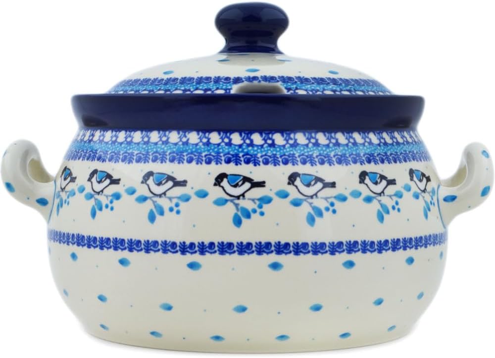 Polmedia Polish Pottery Tureen - Winter Sparrow Pattern Handmade in Boleslawiec Poland by Ceramika Artystyczna + Certificate of Authenticity