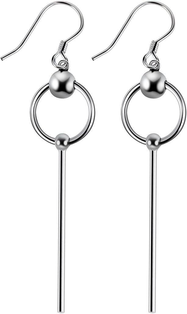 925 Sterling Silver Bead with Long Line Bar Dangle Earrings