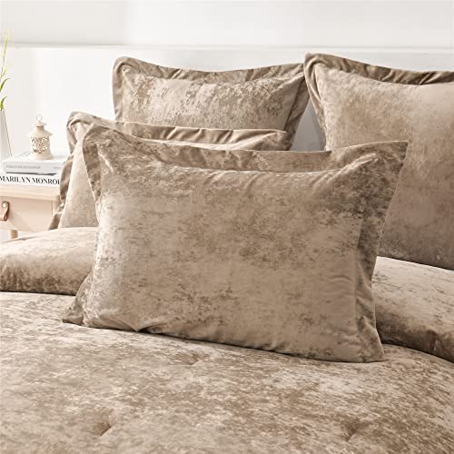 Fredsure Distressed Velvet Comforter Set, 5 Pieces Khaki King, Distressed Velvet Face And Brushed Microfiber Reverse #TOP3