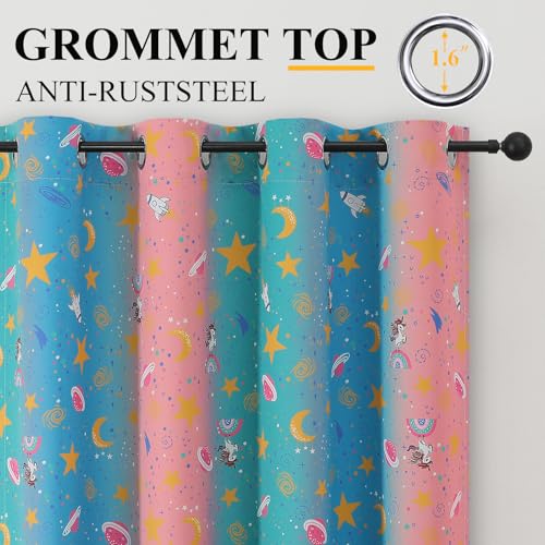 Image of Pink Teal and Blue Star & Moon Blackout Curtains for Girls Bedroom,38Wx72L
