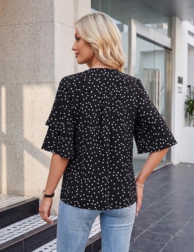 Blooming Jelly Women's Polka Dot 3/4 Flutter Sleeve Dressy Casual Blouse | V Neck, Wrinkle Free, Breathable, Soft, Business Causal, Trendy Summer Tops, Spring Outfit, Professional Office Work Shirt — view 3