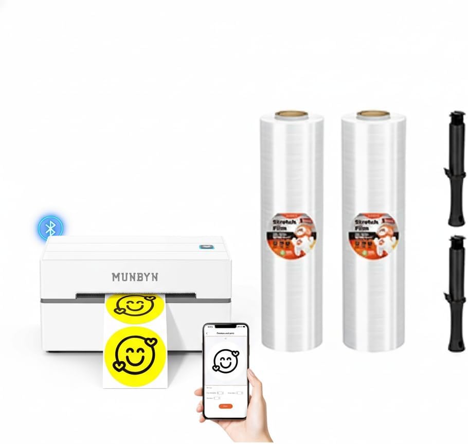 MUNBYN 2 Pack Shrink Wrap with Bluetooth Thermal Label Printer, 130B Wireless 4x6 Shipping Label Printer for Shipping Packages